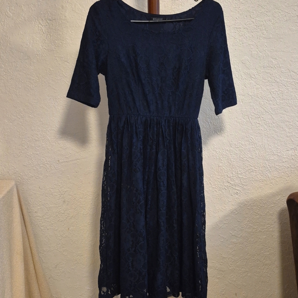 Mikarose Blue A-Line Midi Dress with 3/4 Sleeves
